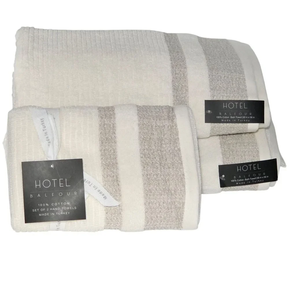 Hotel Balfour 4pc Cream And Taupe Turkish Cotton Towel Set 2 Bath 2 Hand